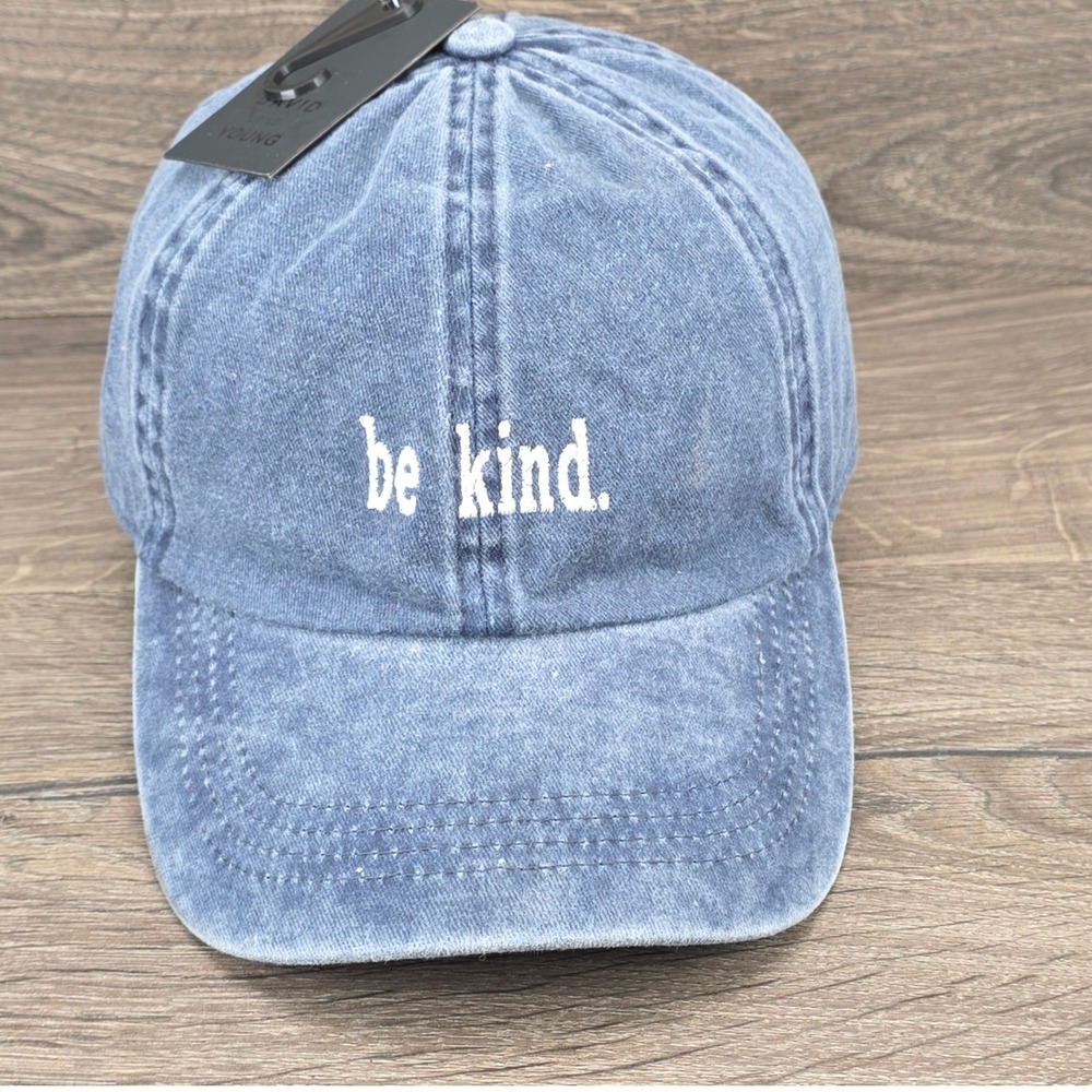 David and Young Hat Cap Strap Back Blue Womens Be Kind Embroidered Denim Casual